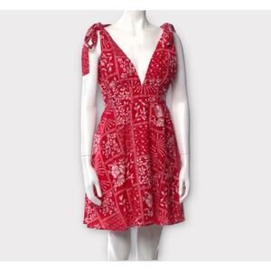 House of Harlow Summer Sun Dress Red White Floral Womens Medium Linen Sleeveless